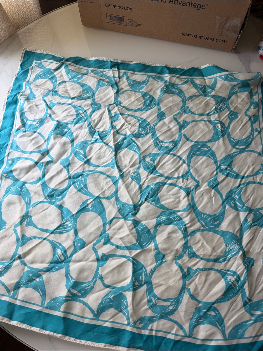 COACH Turquoise and White Logo Silk Square Scarf